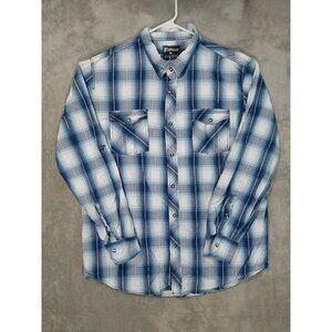 Skully Shirt Mens XL Blue White Plaid Snap Button Down Roll Tab Sleeve Western